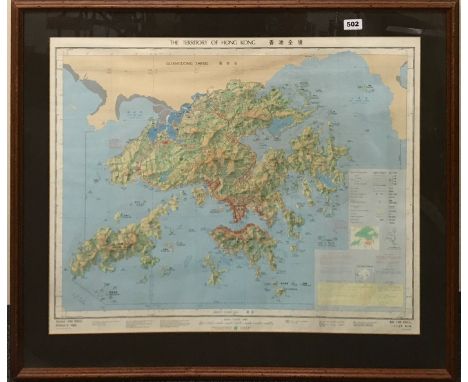 A large framed map of the Terittory of Hong Kong together with a framed print and a framed pastel landscape, framed landscape