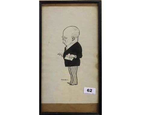 A framed original ink caricature of possibly Winston Churchill by Fred May ( see National Portrait Gallery for same subject )
