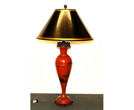 A large painted toleware table lamp and shade, H. 100cm.