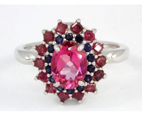 A 925 silver sapphire and ruby set cluster ring, (N.5).