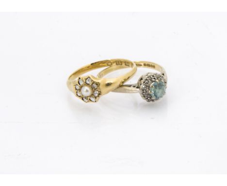 A Victorian 18ct gold pearl and diamond cluster ring, 2.4g, together with an 18ct gold gem set cluster ring, 2.6g (2)