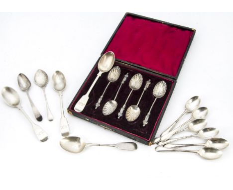 A collection of silver and silver plated and other items, including a three piece tea set, flatware, silver spoons, and more,