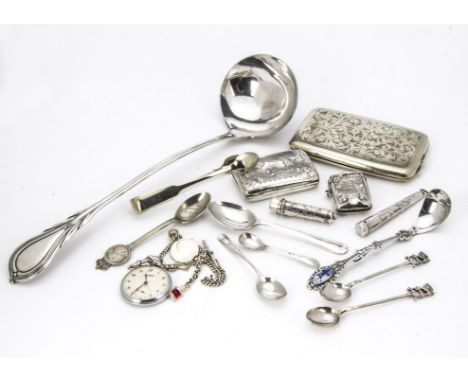 A collection of Victorian and later silver and silver plated small items, including a silver vesta case, cigarette case, an a