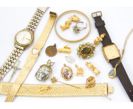 A group of jewellery and three watches, including a 9ct gold Maltese cross stick pin, 1.5g, several gold plated charms and mo