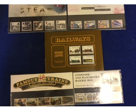A collection of train related stamps and First Day covers and other stamps, some mint examples, along with a box of loose sta