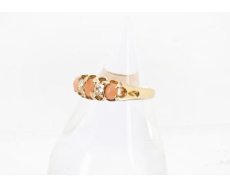 A late Victorian 18ct gold coral and diamond five stone ring, 2.7g and size M 