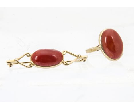 An 18ct gold and coral brooch and dress ring, 10.8g (2)size of coral brooch - approx 18mm x 11mm x 6mm, ring 18mm x 12mm x 5m