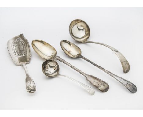 Five Georgian and Victorian silver serving items, including a fiddle and thread pattern basting spoon, an Old English soup la