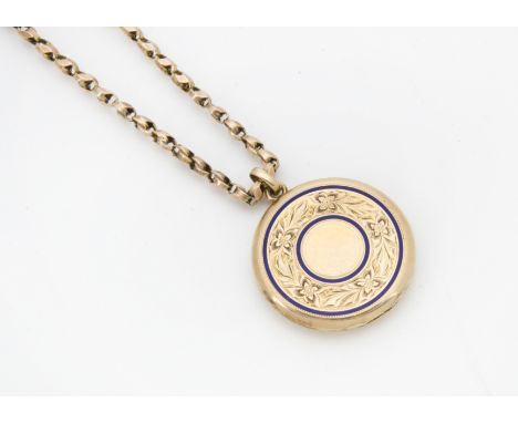 An Edwardian gold plated locket pendant, with blue enamel and supported on yellow metal necklace 