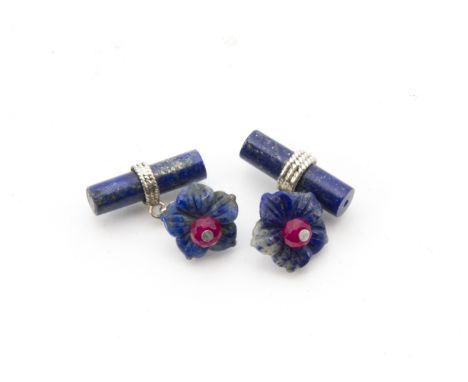 A pair of modern lapis lazuli and ruby cufflinks  