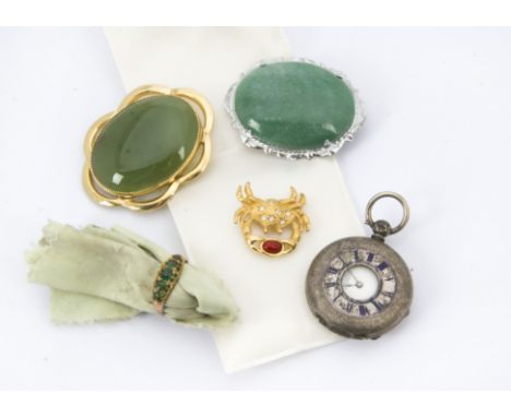 Two boxed Christian Dior brooches, one a crab, the other a snake, together with a lady's silver half hunter pocket watch, a 9