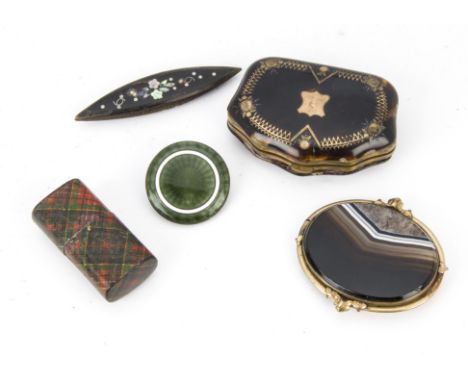 A Victorian tortoiseshell and pique work purse, AF, together with a Tartan Ware needle case and an inlaid sewing item, a silv