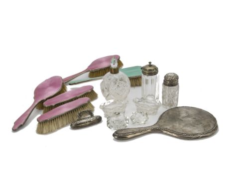 A collection of Georgian and Victorian and later silver and silver plated items, including a part pink guilloche enamel dress