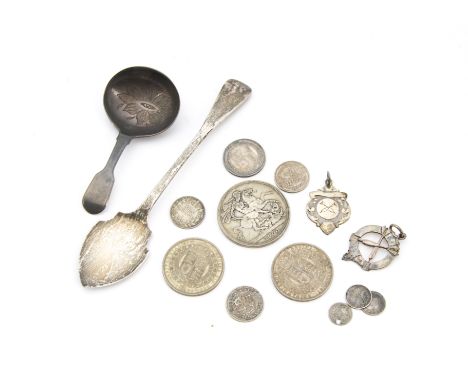 A Victorian silver tea caddy spoon by JW, together with a Victorian Irish silver jam spoon, and a collection of coins includi