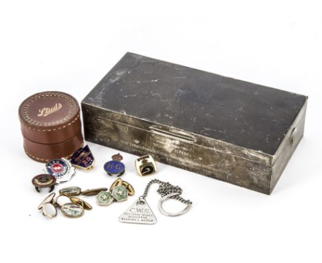 A 1950s presentation silver cigarette box, together with three pairs of cufflinks, a Boy Scout enamelled badge, three further