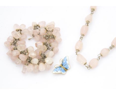 A vintage rose quartz bead necklace and bracelet, together with a small Norwegian silver gilt and enamel butterfly by JE (3)