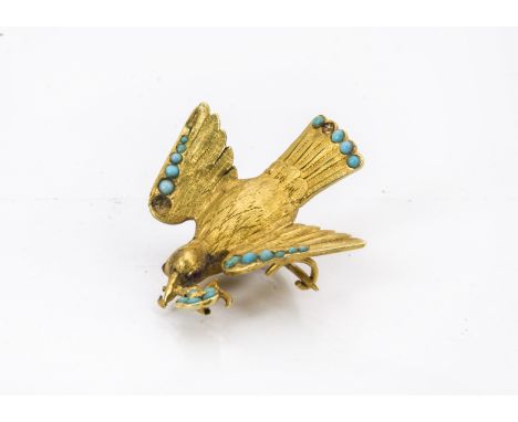 A 19th century gold dove of peace mourning brooch, set with turquoise beads, two lacking, carrying a flower, ruby eyes, hair 