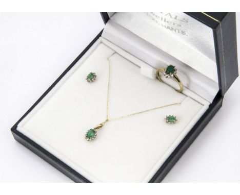 A suite of modern 9ct gold emerald and diamond cluster jewellery, comprising ring, pendant on chain and stud earrings (4) 