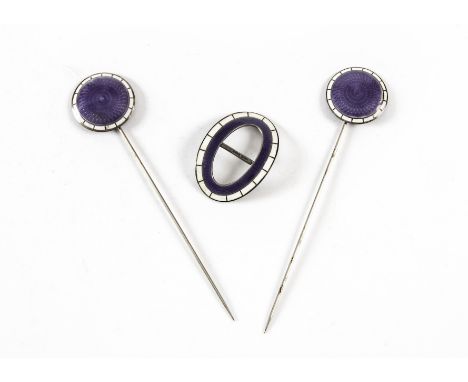 A pair of early 20th century silver and enamel hatpins, together with a matching silver and enamel belt buckle by L&S (3) 