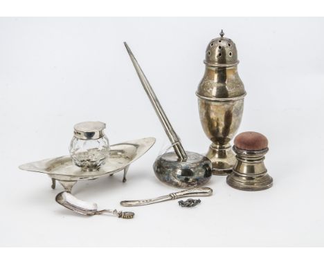 An Art Deco period silver sugar caster by ALD, together with a silver and hobnail cut glass inkwell, a pin cushion, a plated 