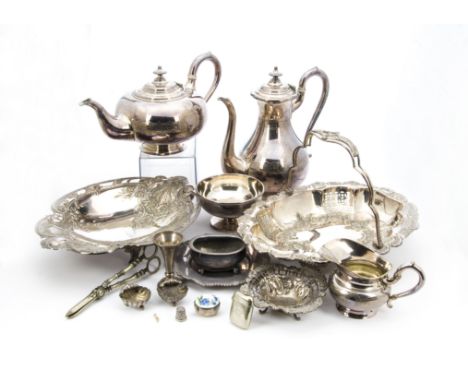 A collection of Edwardian and later silver and silver plated items, including a pair of silver shell table salts, a silver fi