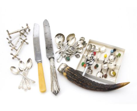 A collection of Georgian and later silver and silver plated flatware, together with an antler corkscrew (parcel) 