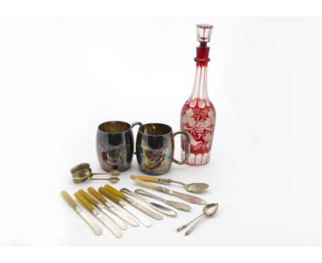 A collection of Victorian and later silver plated items, including a part cased canteen of cutlery, two tankards, flatware, t