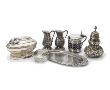 A George III period silver pounce pot by WW, together with a silver napkin ring and mustard pot, a pair of plated cruets and 