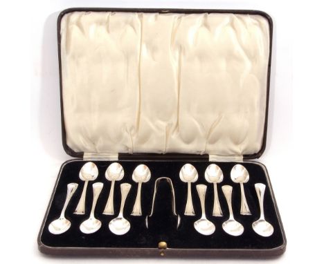 Edward VIII set of twelve tea spoons and tongs all in the Grecian pattern, Sheffield 1936, maker's mark Harrison Bros &amp; H
