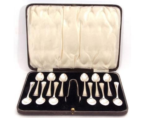 Edward VIII set of twelve tea spoons and tongs all in the Grecian pattern, Sheffield 1936, maker's mark Harrison Bros &amp; H