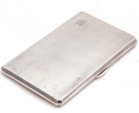 George V silver cigarette case of rectangular form, engine turned design back and front, top corner with an engraved monogram