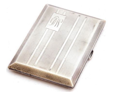 George V silver cigarette case of rectangular form, engine turned decorated with engraved monogram to corner, push button cla