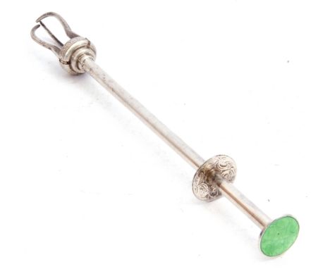 Askel Holmson Norwegian white metal pickle fork with green guilloche enamel finial, 20cm long