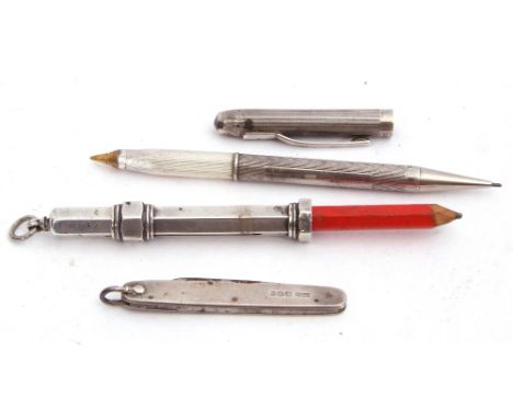 Mixed Lot: Unusual hallmarked silver pen and pencil combination, the engine turned barrel hallmarked Birmingham 1958, one end