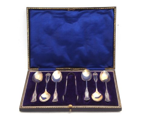 Cased set of six silver tea spoons and sugar tongs, Sheffield 1913, maker's mark William Hutton &amp; Sons Ltd in original le