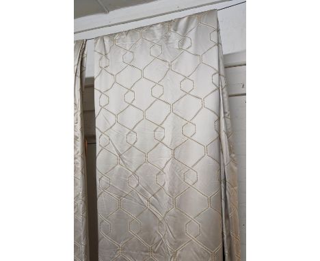 CURTAINS, a pair, silver grey fabric, lined and interlined geometric pattern, approx. 120cm gathered x 410cm drop. (2) 