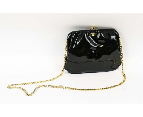 VINTAGE CELINE BAG, patent leather with top clasp opening and iconic Triomphe front logo, detachable chain strap, made in Fra