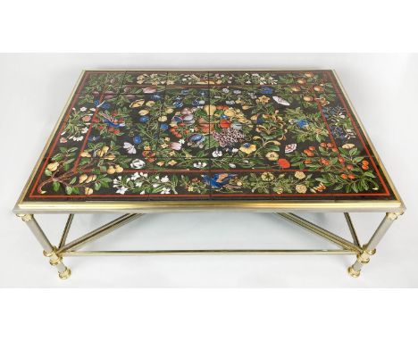 LOW TABLE, 49cm H x 125cm x 85cm, Continental ceramic tiled top decorated with exotic flora and fauna, on a brushed steel and