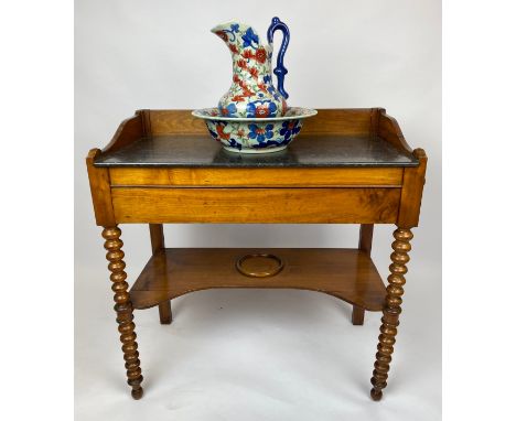 WASHSTAND, 19th century French fruitwood, marble top above a single frieze drawer and bobbin turned supports, 84cm H x 82cm x