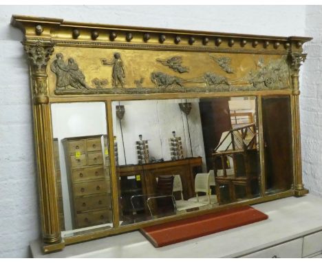 OVERMANTEL MIRROR, 154cm W x 40cm H, Regency giltwood and gesso, with a classical frieze and triple bevelled plate. 