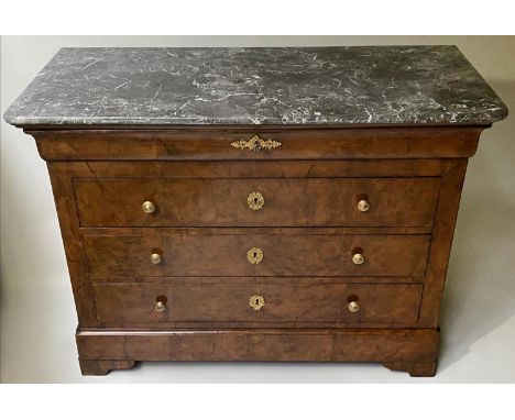 COMMODE, 19th century French Louis Philippe figured walnut with five long drawers and St Annes variegated marble top, 130cm x