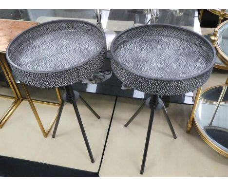 SIDE TABLES, a pair, 61cm x 35cm diam., 1970's Italian style, textured metal tops on tripod supports. (2) 