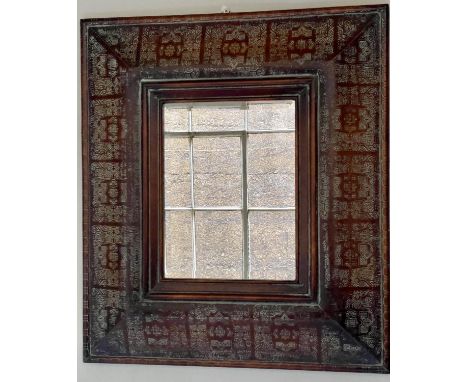 WALL MIRROR, Chinese rectangular bevelled mirror within a cushion form Chinoiserie decorated frame, 73cm x 83cm H. 