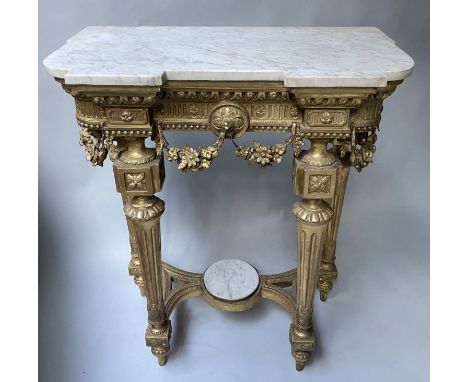 CONSOLE TABLE, 79cm W x 45cm D x 91cm H, 19th century French, Louis XVI style, giltwood and gesso, with swag frieze, white ma