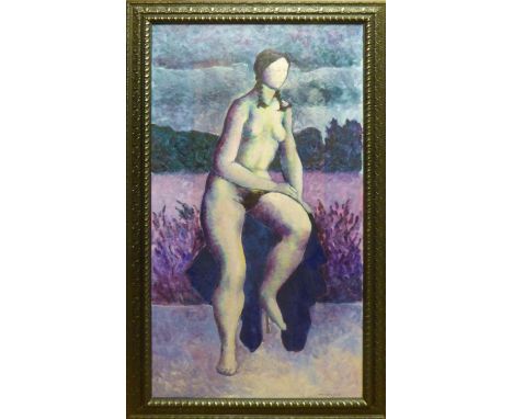 FYFFE WILLIAM GEORGE CHRISTIE (British 1918-1979), 'Figure and drape in a landscape', April 1978, oil on board, signed and da