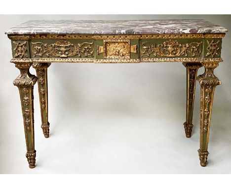 ITALIAN CONSOLE TABLE, 123cm W x 58cm D x 88cm H, early 19th century Roman, carved giltwood and green, with 'putti' centre ta