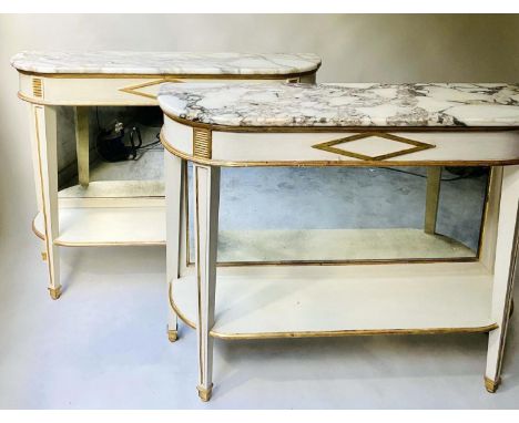 CONSOLE TABLES, a pair, 110cm W x 85cm H x 35cm D, French dessert style, traditionally grey painted, with mirror backs, under