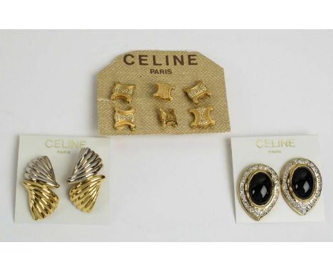 VINTAGE CELINE PARIS CLIP EARRINGS, two different pairs and three pairs of pin badges in the shape of iconic Triomphe logo. (