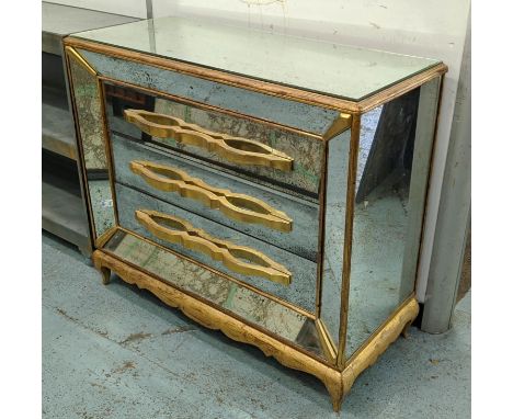 COMMODE, 101cm x 43cm x 87cm, antiqued mirrored finish with gilt detail, three drawers. 