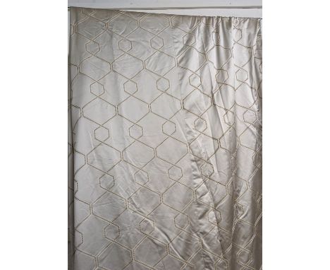 CURTAINS, a pair, silver grey fabric, lined and interlined geometric pattern. Approximately 120cm gathered x 410cm drop. (2) 